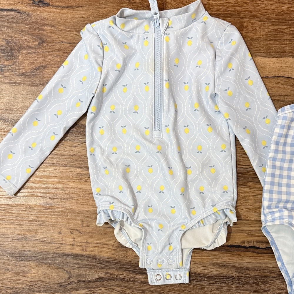 Set of 2 Carter's Baby Girls Bathing suits - blue gingham and blue lemon print - Picture 4 of 8